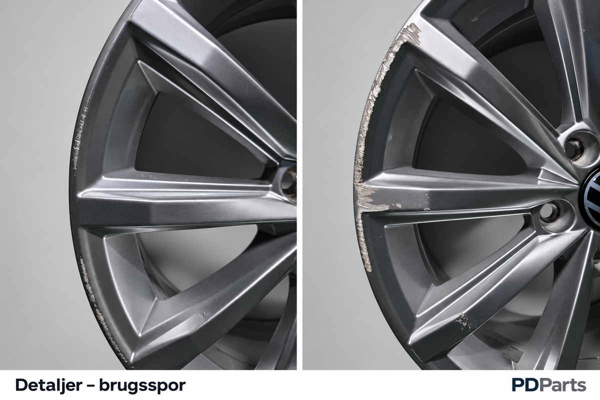 VW London 17 tommer – detaljer af kantstensskader på to brugte fælge