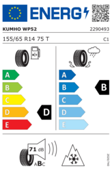 EU-dækmærke Kumho Wintercraft WP52 155/65 R14 75T