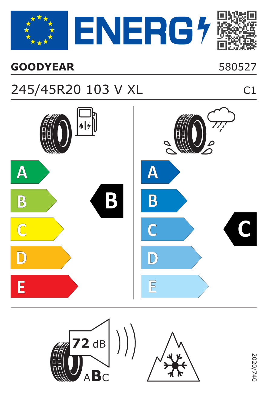 EU-dækmærke – Goodyear UltraGrip Performance 3 245/45 R20 103V XL MFS 3PMSF